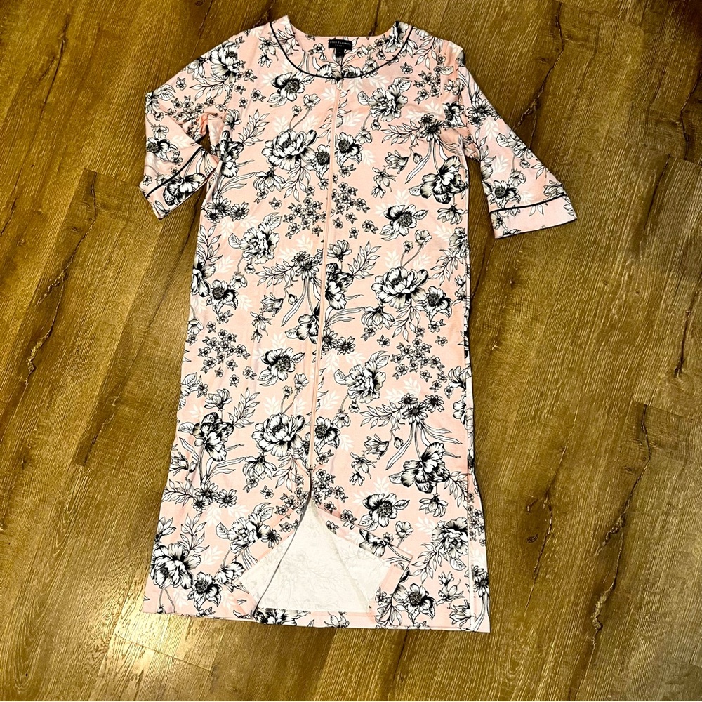 MISS ELAINE RELAX Sz M ZIP FRONT-ROBE PINK & Black Floral Pockets Midi